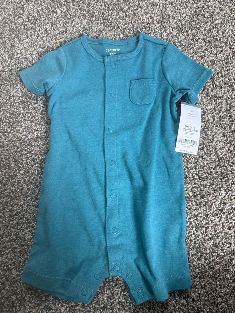 Carter's Baby Boy Teal Short-Sleeve Snap Romper Size 12 Months